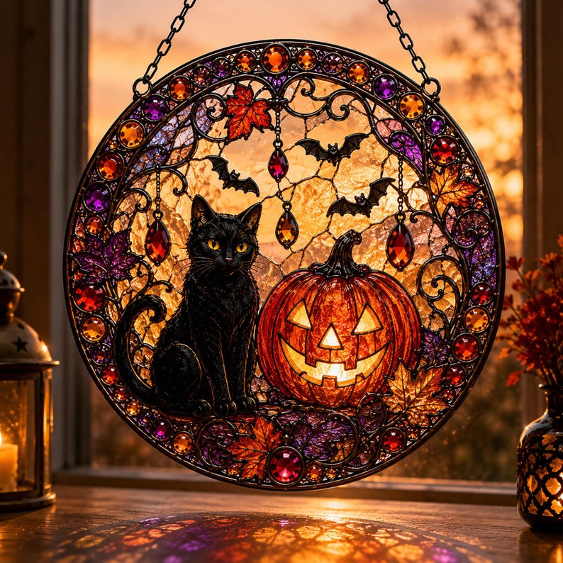 Black Cat Pumpkin Moon Stained Glass Suncatcher, Gothic Crescent Moon Decor, Spooky Cat Lover Home Decor