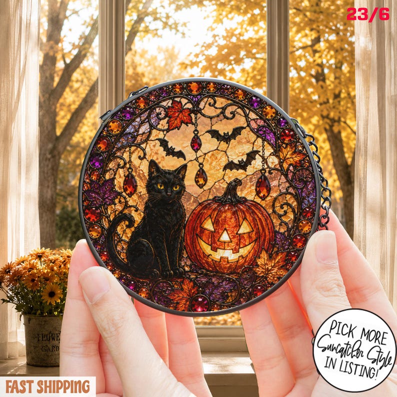 Black Cat Pumpkin Moon Stained Glass Suncatcher, Gothic Crescent Moon Decor, Spooky Cat Lover Home Decor