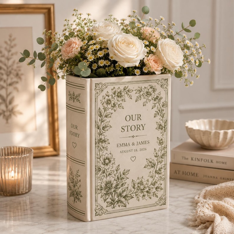 Our Story Book Vase, Personalized Anniversary Gift, Vintage Floral Book Vase, Romantic Couple Keepsake