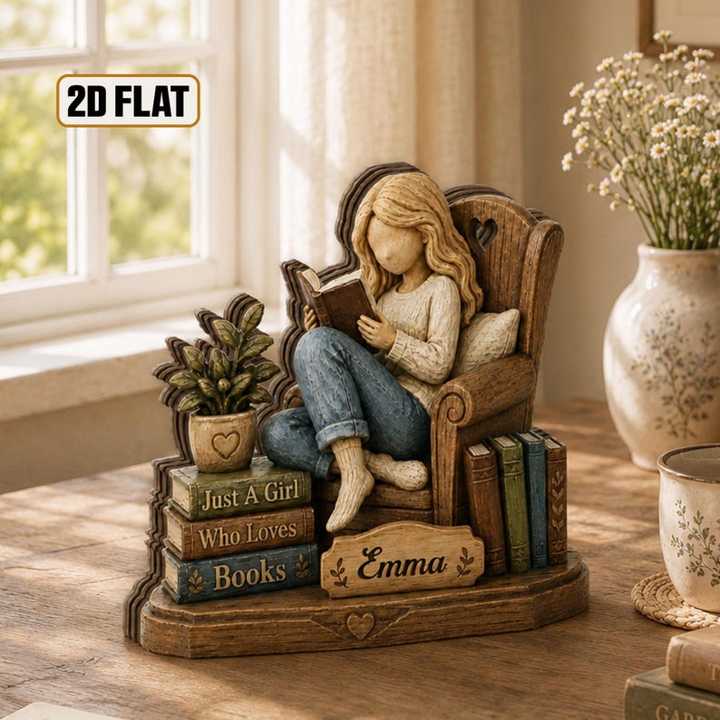 Personalized Wooden Book Lover Block, Just A Girl Who Loves Books Wooden Figurine, Book Lover Gift