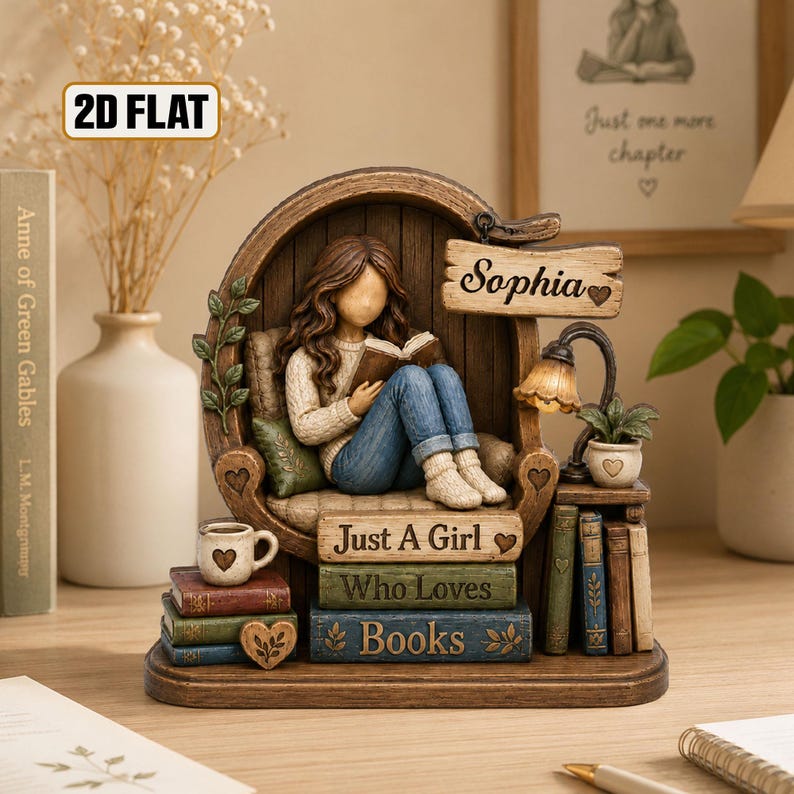 Personalized Wooden Book Lover Block, Just A Girl Who Loves Books Wooden Figurine, Book Lover Gift