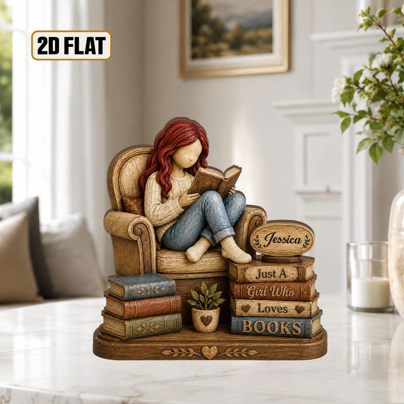Personalized Wooden Book Lover Block, Just A Girl Who Loves Books Wooden Figurine, Book Lover Gift