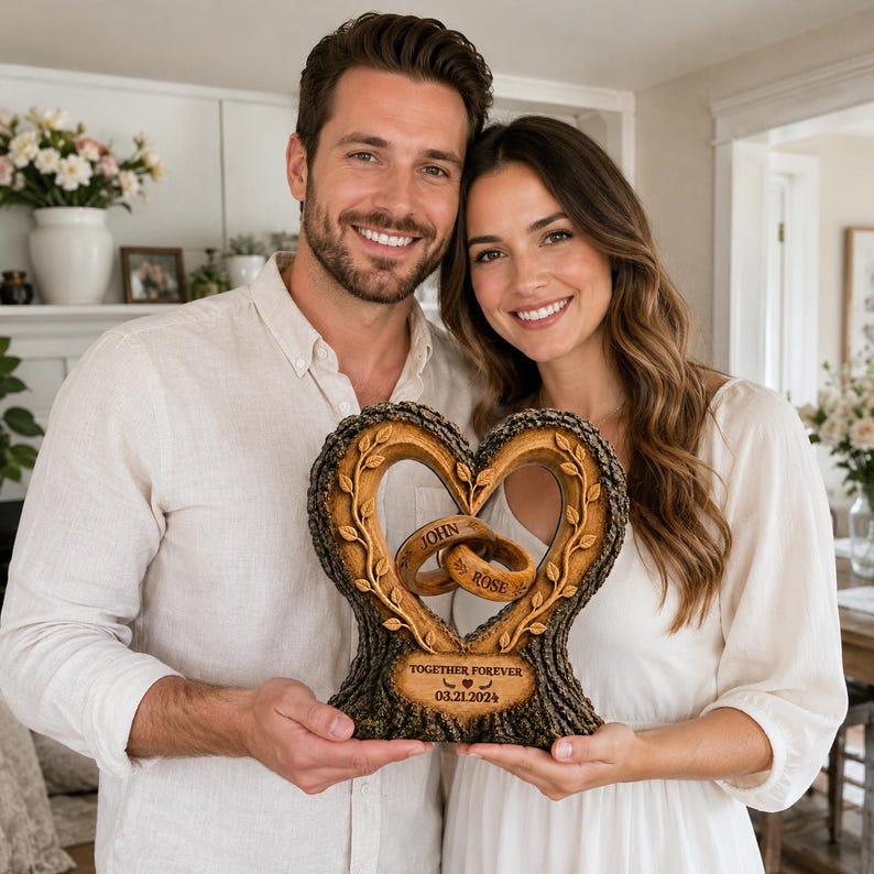 Personalized Couple Heart Wooden Block, Custom Wedding Ring Keepsake, Together Forever Anniversary Gift