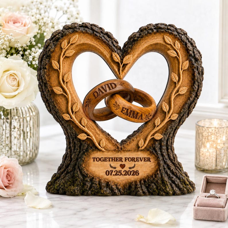 Personalized Couple Heart Wooden Block, Custom Wedding Ring Keepsake, Together Forever Anniversary Gift