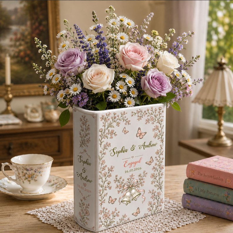 Personalized Engagement Ceramic Book Vase, Custom Couple Name Book Vase