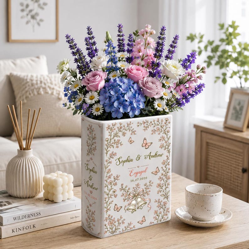 Personalized Engagement Ceramic Book Vase, Custom Couple Name Book Vase, Floral Engaged