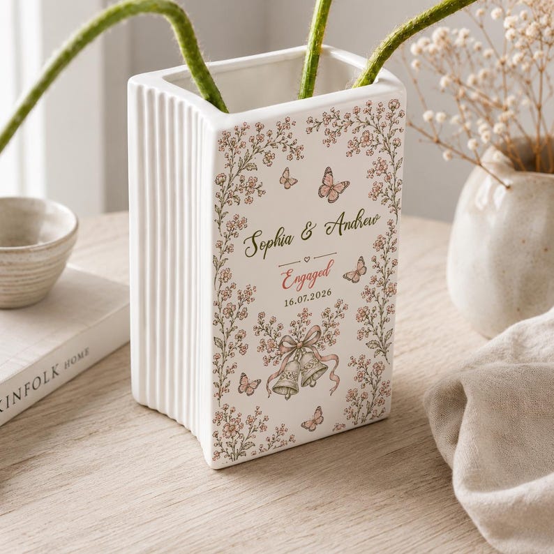 Personalized Engagement Ceramic Book Vase, Custom Couple Name Book Vase, Floral Engaged