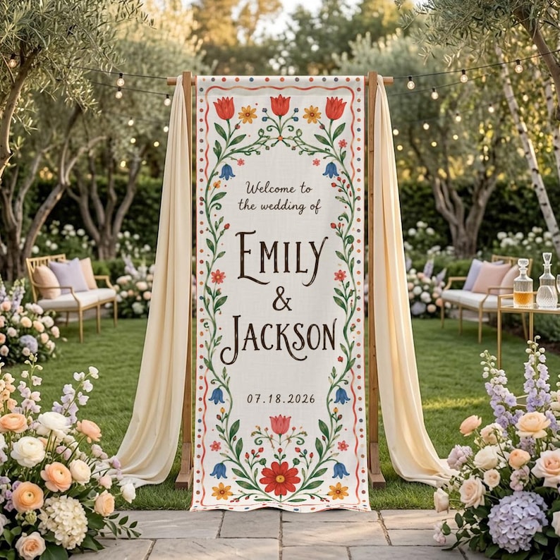 Personalized Folk Art Wedding Banner, Wedding Welcome Sign, Floral Wedding Tapestry, Couple Banner