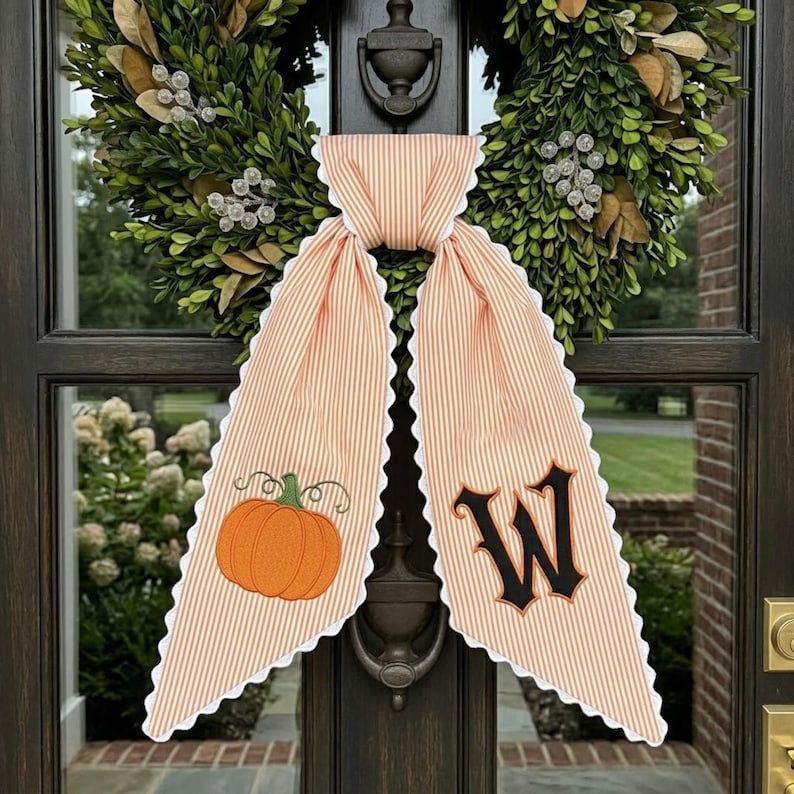 Personalized Fall Wreath Sash, Custom Embroidered Monogram Pumpkin Seersucker Door Ribbon