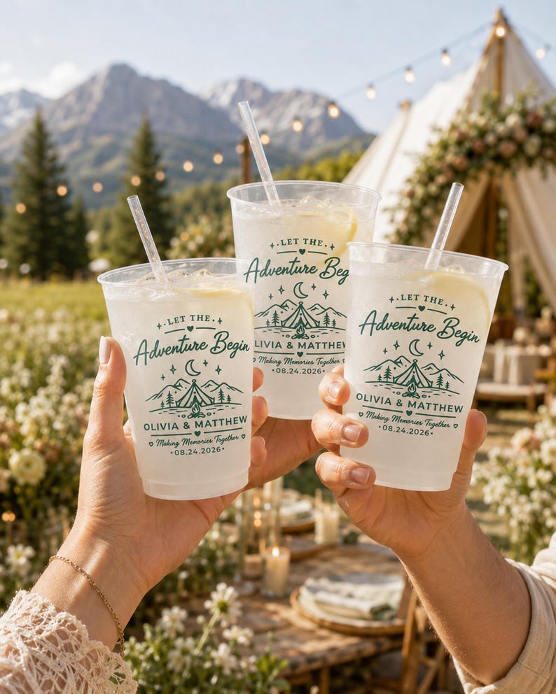 Custom Wedding Frosted Cups, Let the Adventure Begin Cups, Mountain Wedding Favors