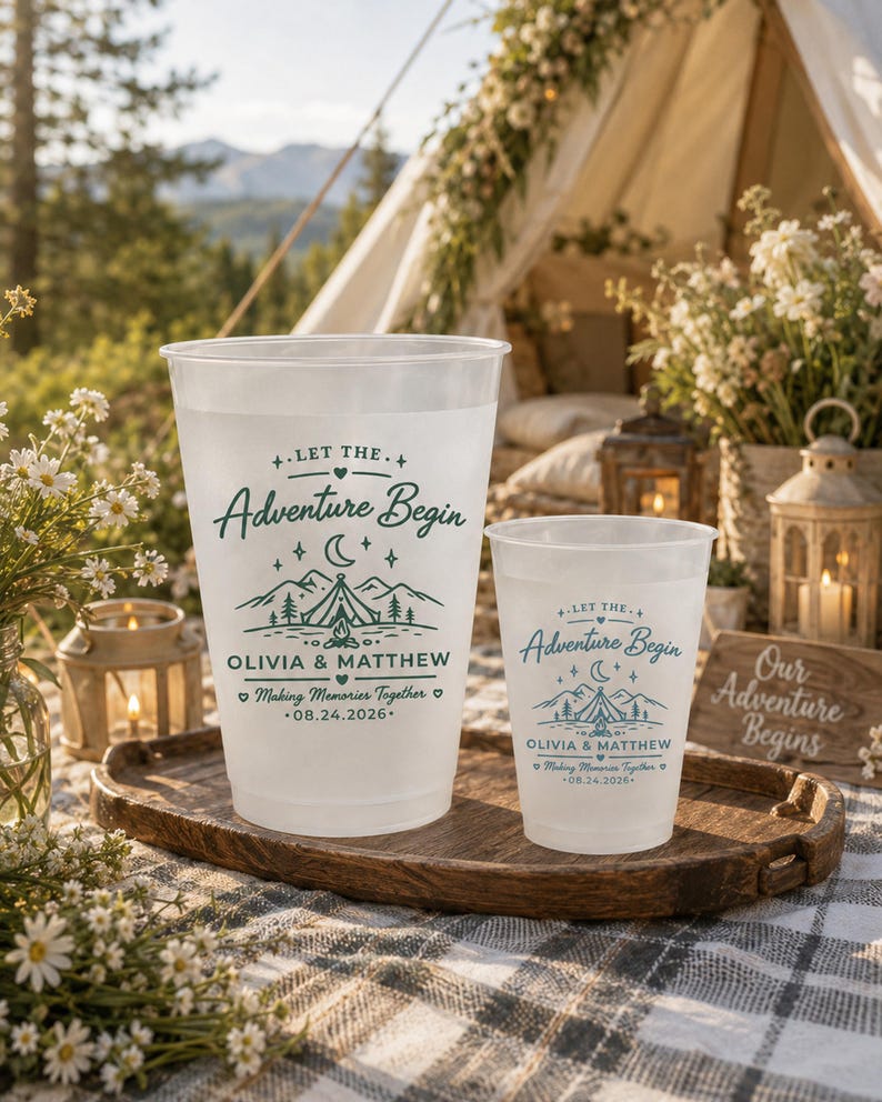 Custom Wedding Frosted Cups, Let the Adventure Begin Cups, Mountain Wedding Favors