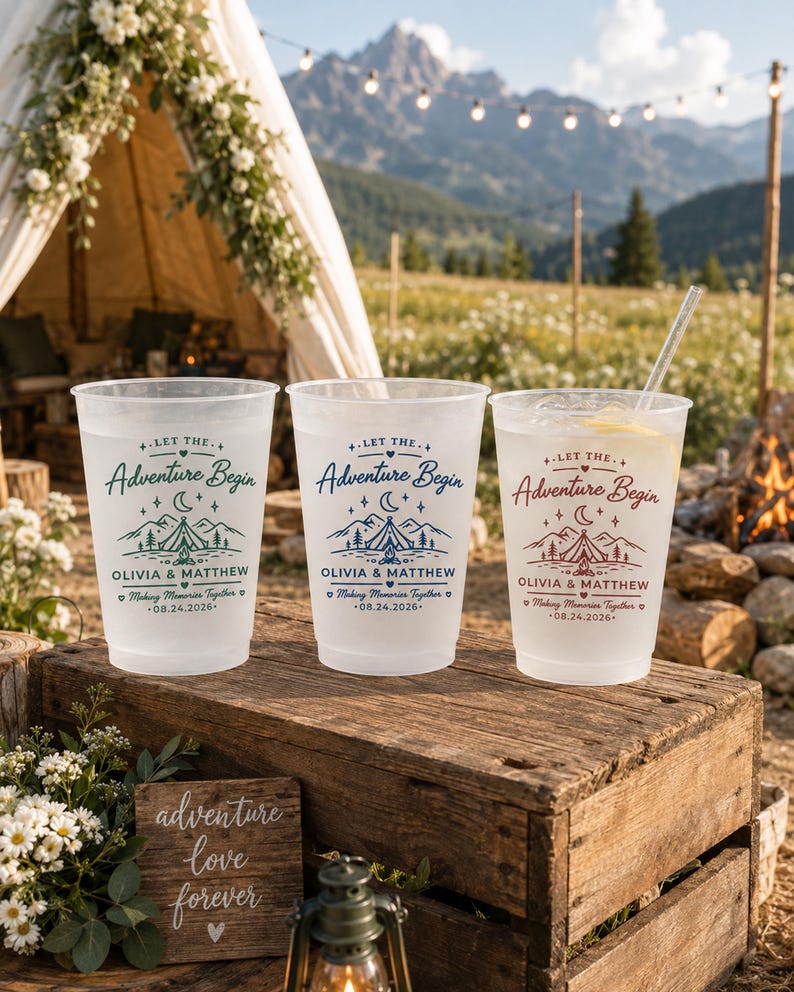 Custom Wedding Frosted Cups, Let the Adventure Begin Cups, Mountain Wedding Favors