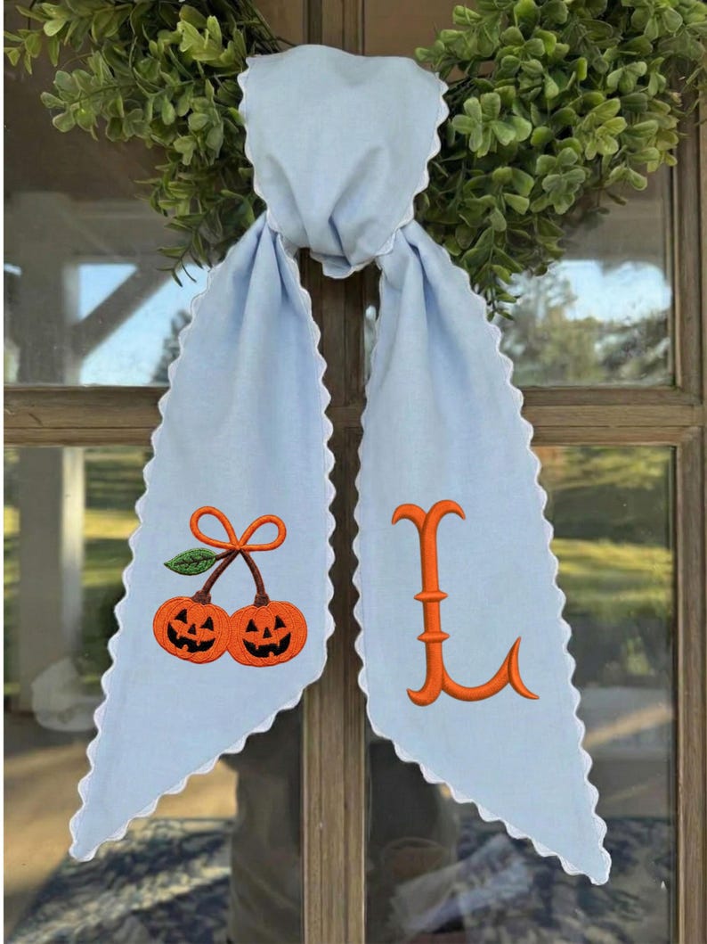 Embroidered Ghost Wreath Sash, Trick or Treat Striped Ribbon, Scalloped Lace Edge Halloween Door Sash
