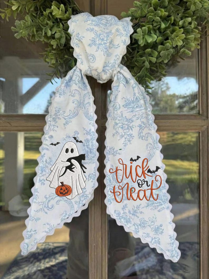 Embroidered Ghost Wreath Sash, Trick or Treat Striped Ribbon, Scalloped Lace Edge Halloween Door Sash