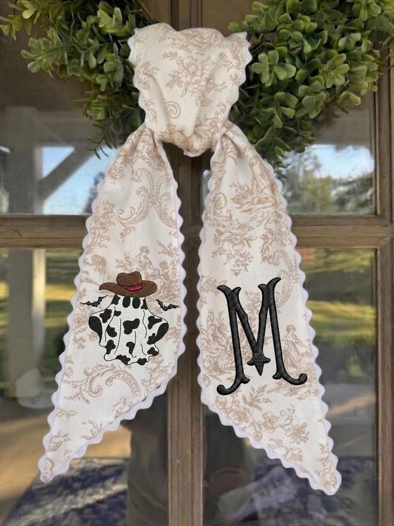 Embroidered Ghost Wreath Sash, Trick or Treat Striped Ribbon, Scalloped Lace Edge Halloween Door Sash