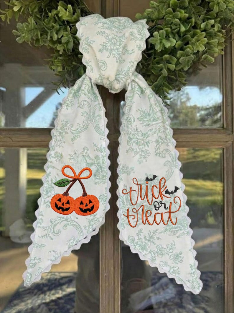 Embroidered Ghost Wreath Sash, Trick or Treat Striped Ribbon, Scalloped Lace Edge Halloween Door Sash