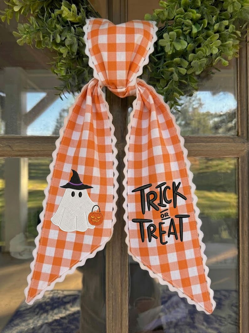 Embroidered Ghost Wreath Sash, Trick or Treat Striped Ribbon, Scalloped Lace Edge Halloween Door Sash