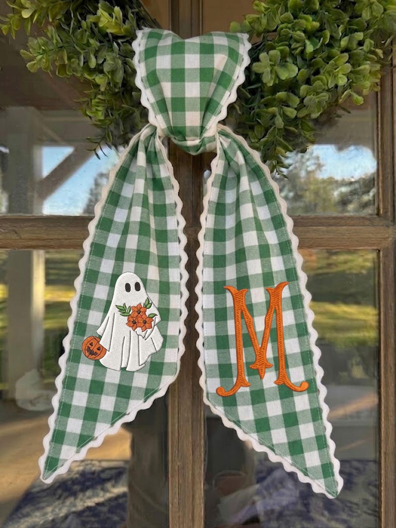 Embroidered Ghost Wreath Sash, Trick or Treat Striped Ribbon, Scalloped Lace Edge Halloween Door Sash