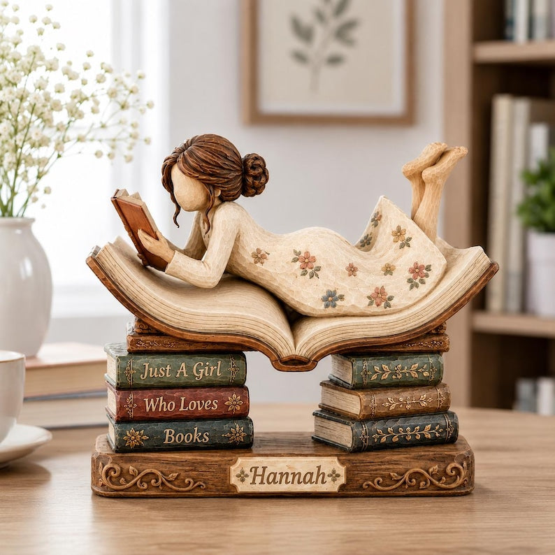 Personalized Reading Girl Wooden Block, Just A Girl Who Loves Books, Bookworm Shelf Decor, Book Lover Gift