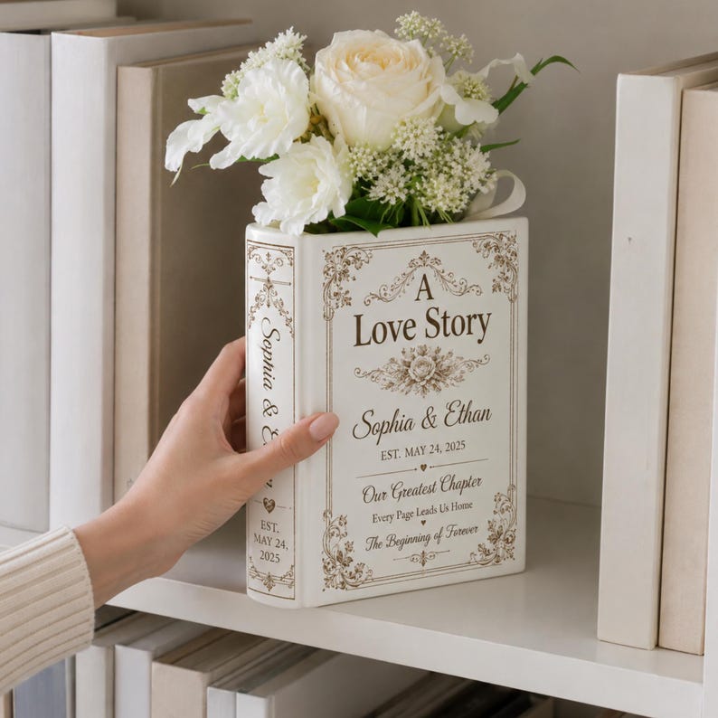 Book Vase Ceramic, Wedding Gift Decor, Romantic Book Flower Vase