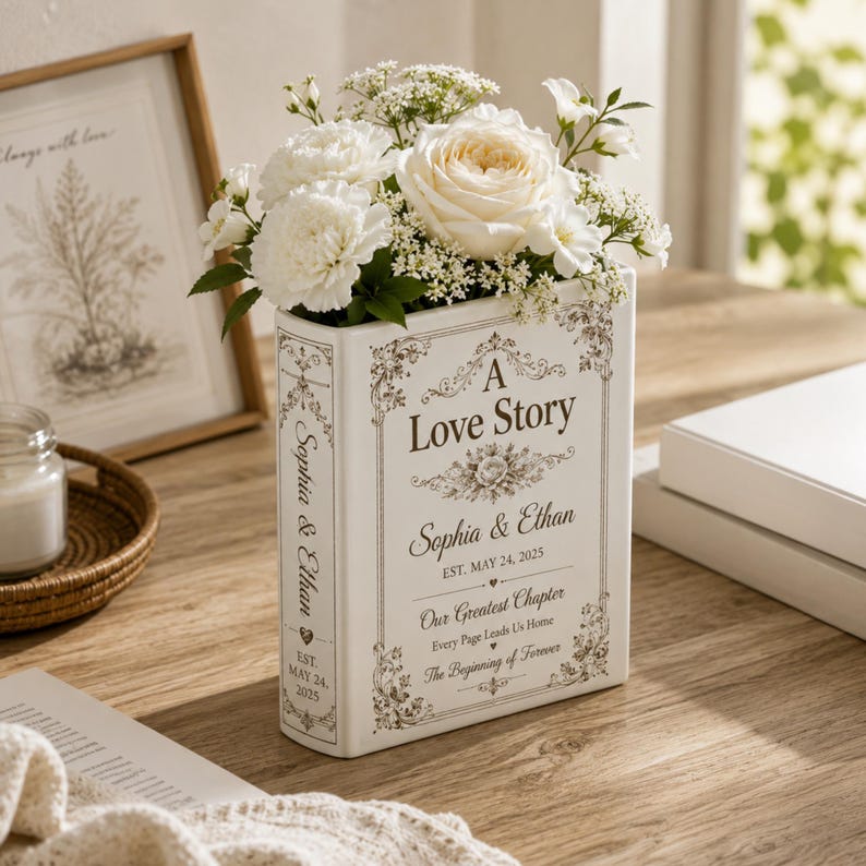 Book Vase Ceramic, Wedding Gift Decor, Romantic Book Flower Vase