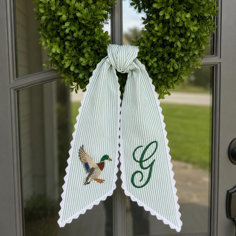 Embroidered Mallard Duck Stripe Wreath Sash, Personalized Monogram Door Bow, Home Decor, Hunting Wreath Sash