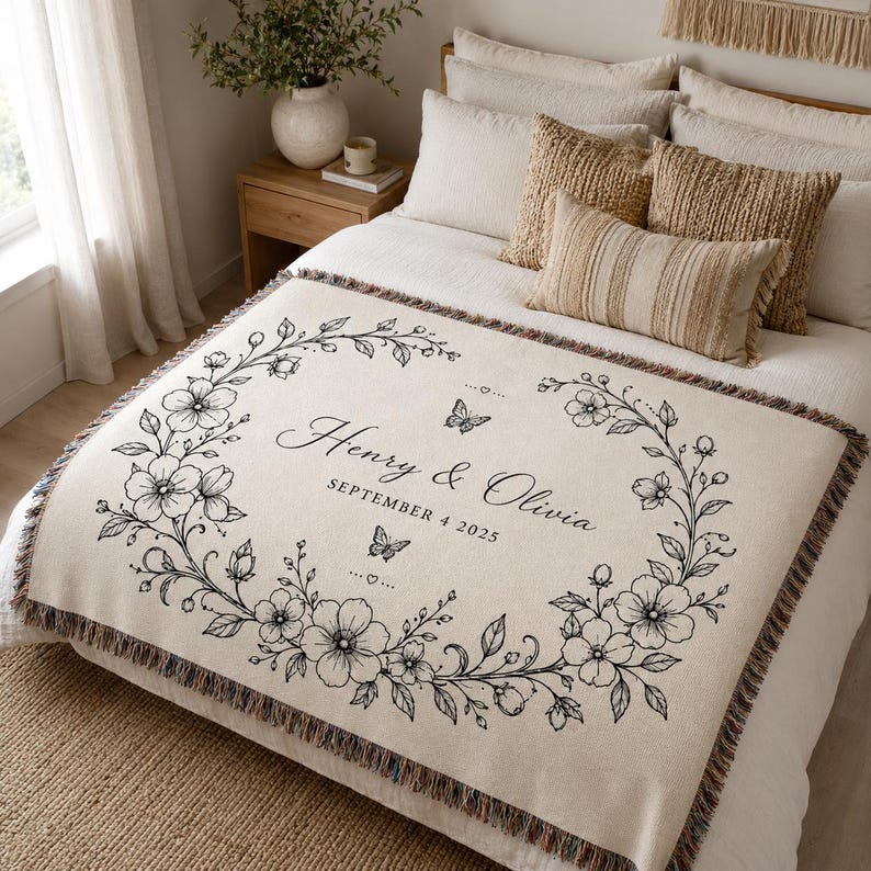 Personalized Wedding Blanket with Names & Date, Anniversary Engagement Throw, Custom Couple Gift