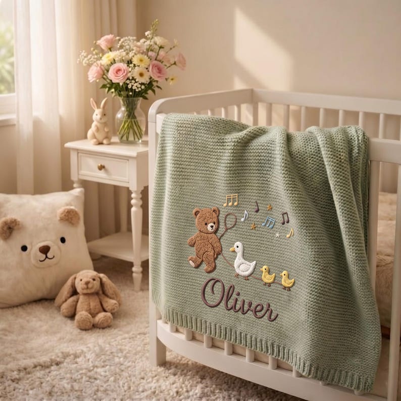 Personalized Teddy Bear Baby Blanket, Embroidered Name Blanket, Duck Baby Gift, Custom Newborn Gift