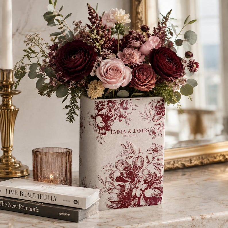 Personalized Engagement Toile De Jouy Ceramic Book Vase, Custom Couple Name Vase
