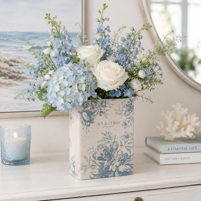 Personalized Engagement Toile De Jouy Ceramic Book Vase, Custom Couple Name Vase