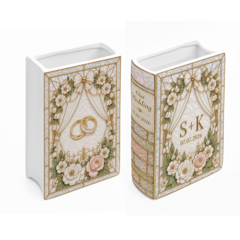 Personalized Wedding Book Vase, Custom Floral Bow Book Vase, Wooden Wedding Flower Vase