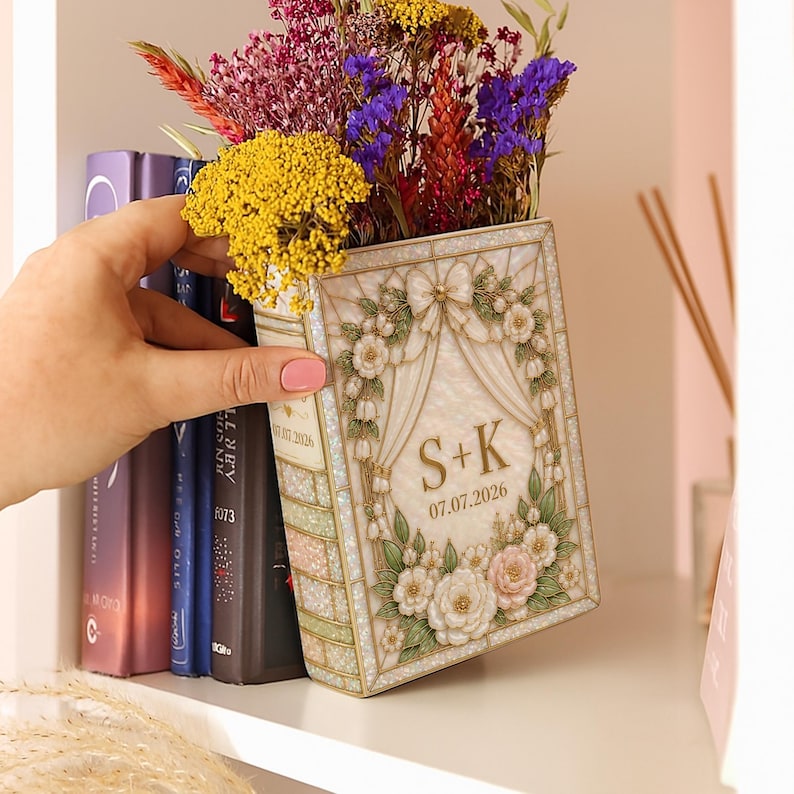 Personalized Wedding Book Vase, Custom Floral Bow Book Vase, Wooden Wedding Flower Vase