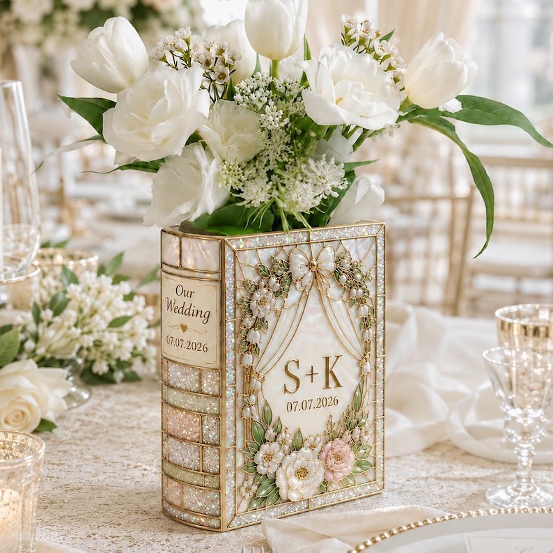 Personalized Wedding Book Vase, Custom Floral Bow Book Vase, Wooden Wedding Flower Vase
