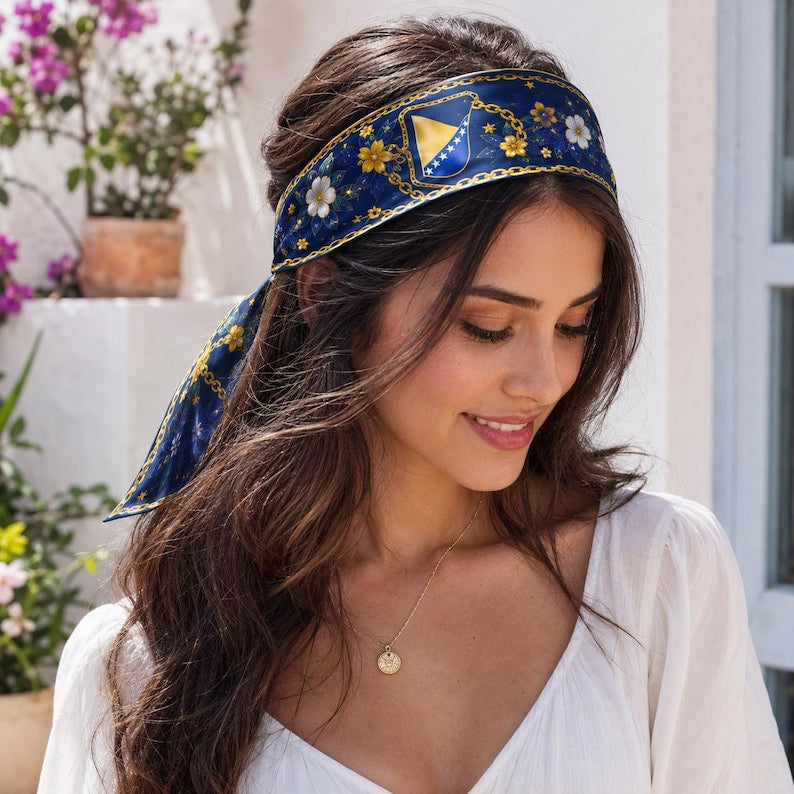 Bosnia Satin Hair Scarf, Bosnia Twilly, Bosnia Headband, Bosnian Flag Hair Scarf