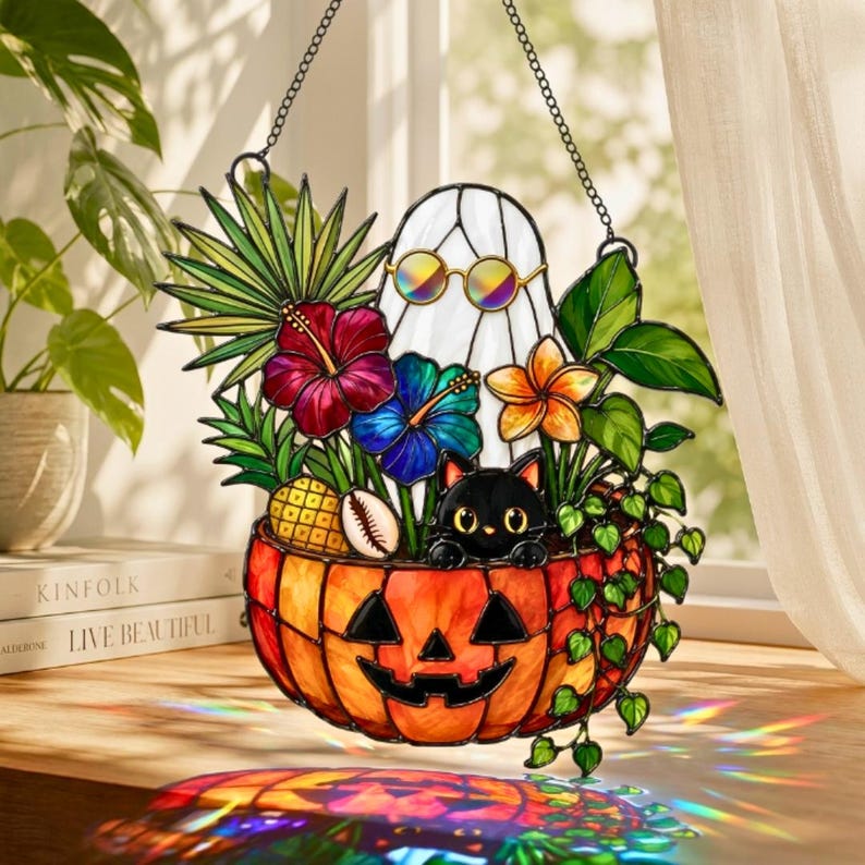 Ghost Black Cat Pumpkin Suncatcher, Halloween Faux Stained Glass Window Hanging, Spooky Plant Lover Decor