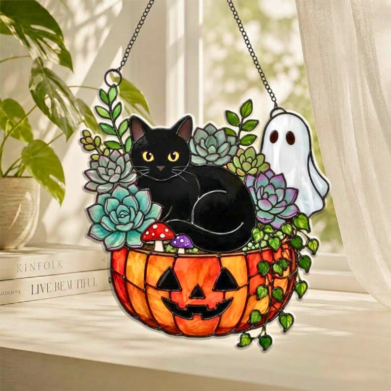Ghost Black Cat Pumpkin Suncatcher, Halloween Faux Stained Glass Window Hanging, Spooky Plant Lover Decor