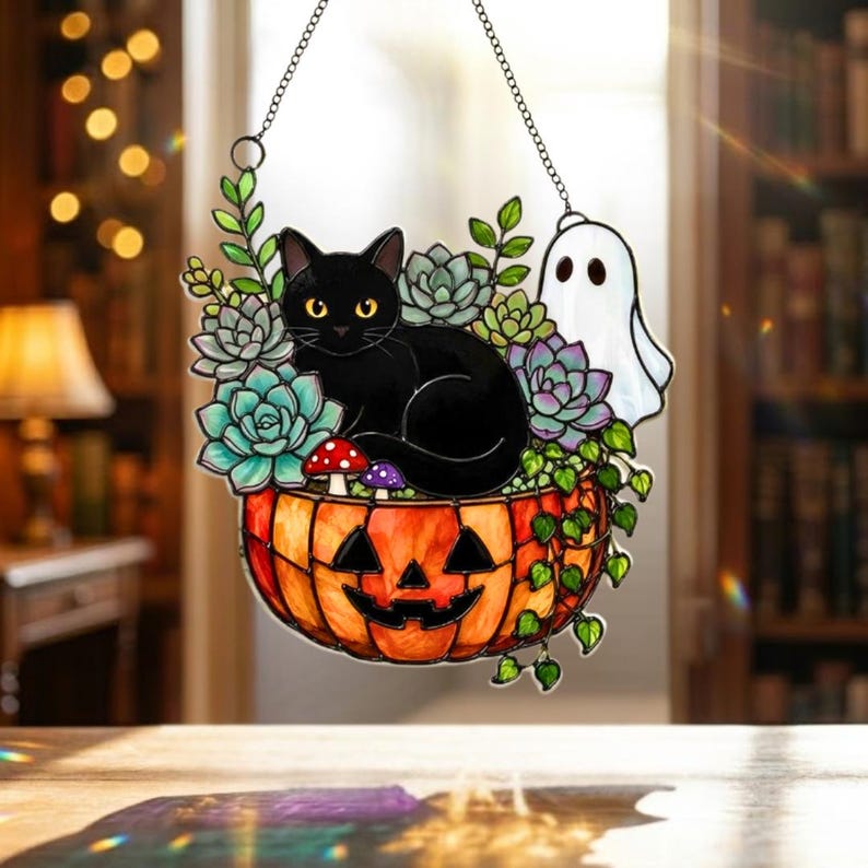 Ghost Black Cat Pumpkin Suncatcher, Halloween Faux Stained Glass Window Hanging, Spooky Plant Lover Decor