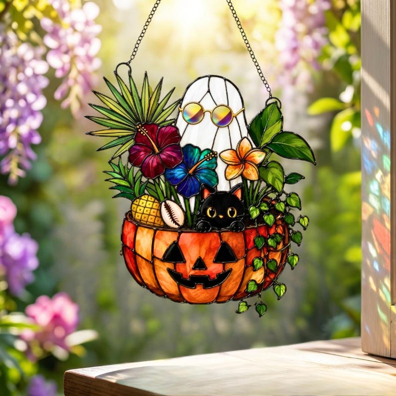Ghost Black Cat Pumpkin Suncatcher, Halloween Faux Stained Glass Window Hanging, Spooky Plant Lover Decor