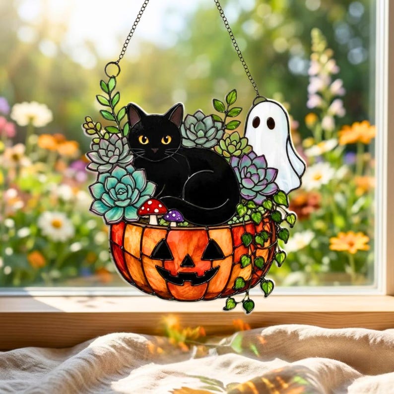 Ghost Black Cat Pumpkin Suncatcher, Halloween Faux Stained Glass Window Hanging, Spooky Plant Lover Decor
