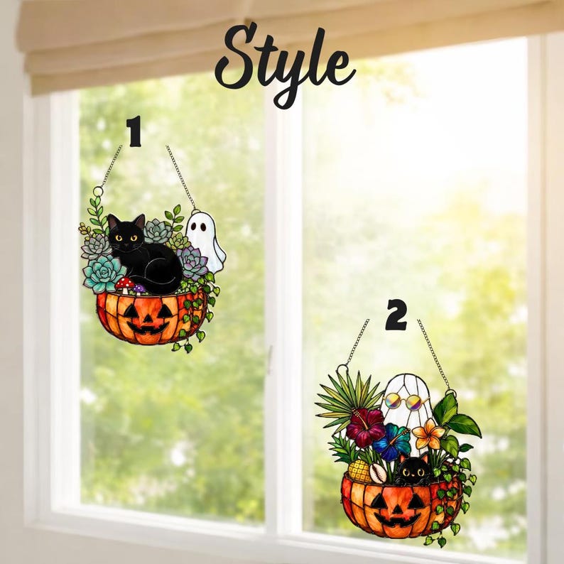 Ghost Black Cat Pumpkin Suncatcher, Halloween Faux Stained Glass Window Hanging, Spooky Plant Lover Decor