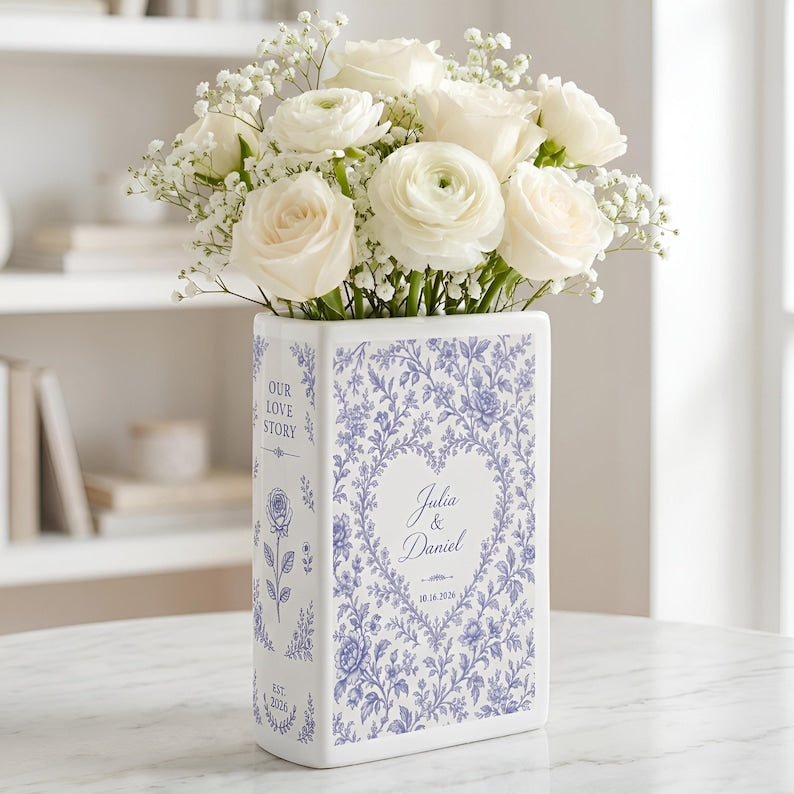 Custom Wedding Ceramic Book Vase, Engagement Toile De Jouy Flower Vase