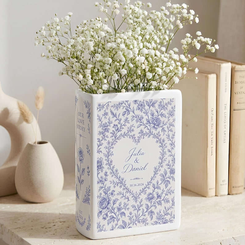 Custom Wedding Ceramic Book Vase, Engagement Toile De Jouy Flower Vase