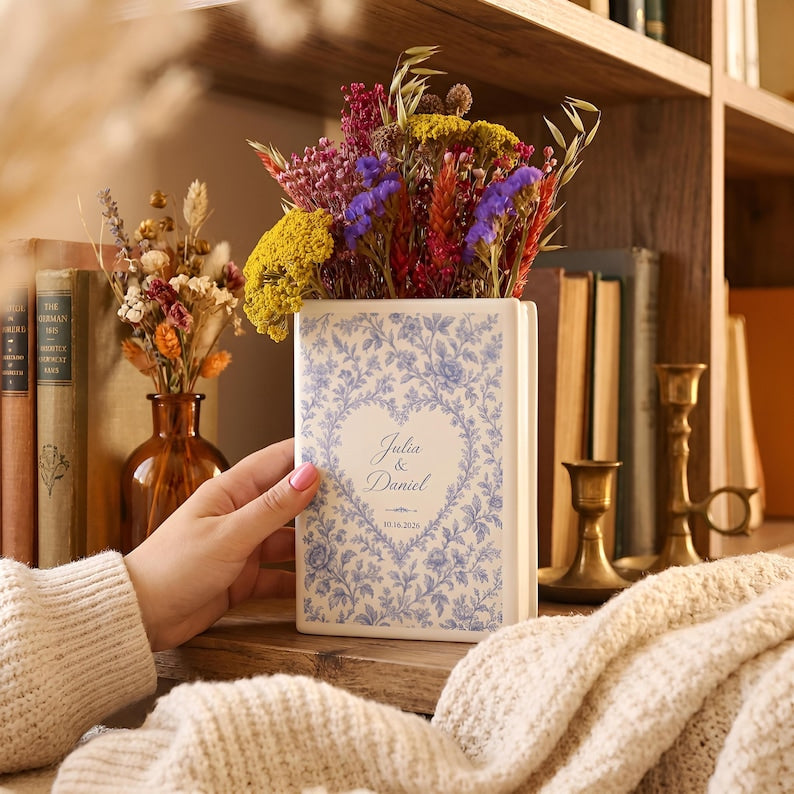 Custom Wedding Ceramic Book Vase, Engagement Toile De Jouy Flower Vase