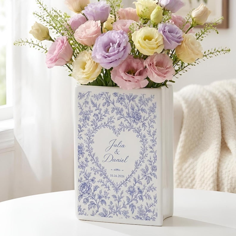 Custom Wedding Ceramic Book Vase, Engagement Toile De Jouy Flower Vase