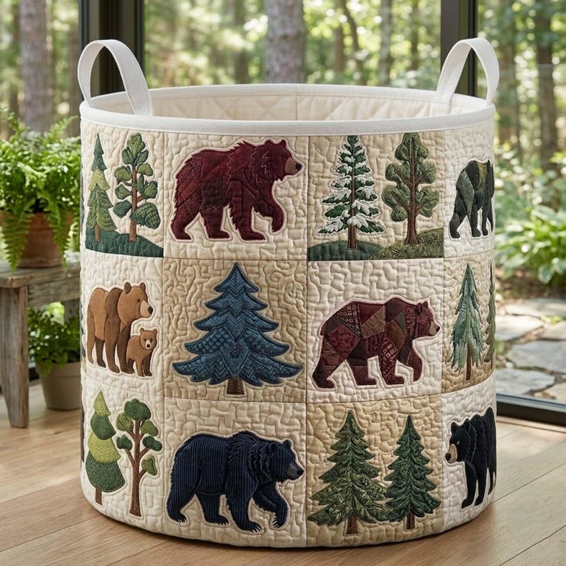 Woodland Quilted Laundry Basket, Bear Forest Clothes Hamper, Rustic Cabin Storage Bin