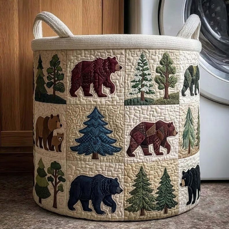 Woodland Quilted Laundry Basket, Bear Forest Clothes Hamper, Rustic Cabin Storage Bin