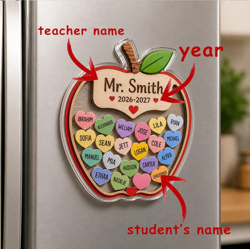 Personalized Teacher Shaker Magnet, Custom Teacher & Student Name Fridge Magnet, Apple Acrylic Shaker Magnet
