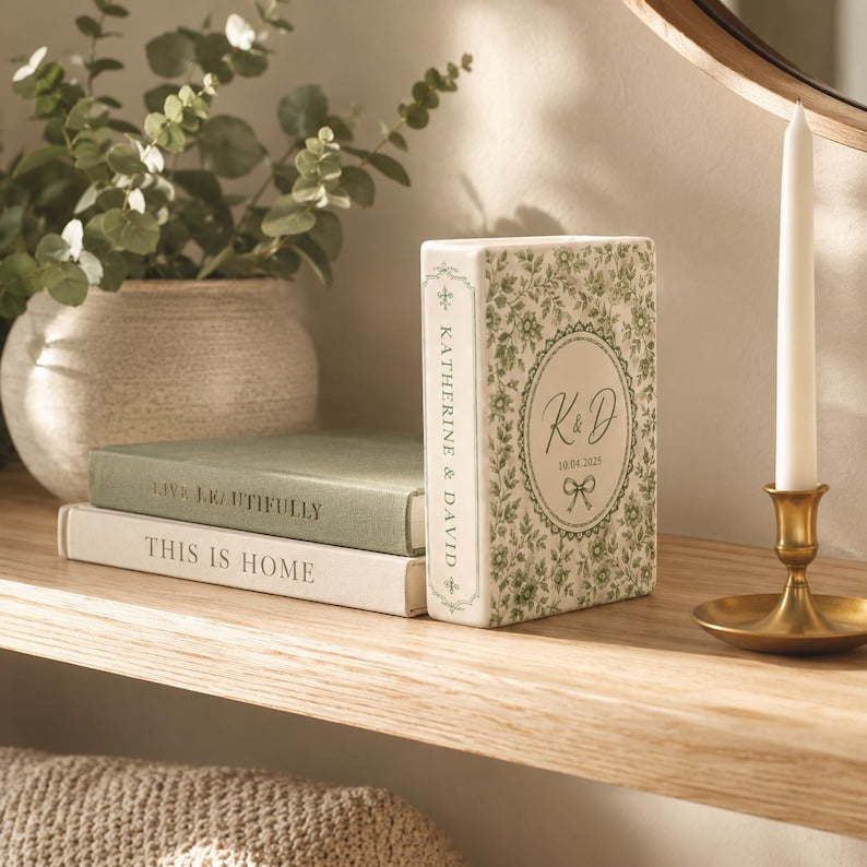 Custom Toile De Jouy Ceramic Book Vase, Personalised Wedding Gift for Couple, Floral Book Shaped Vase