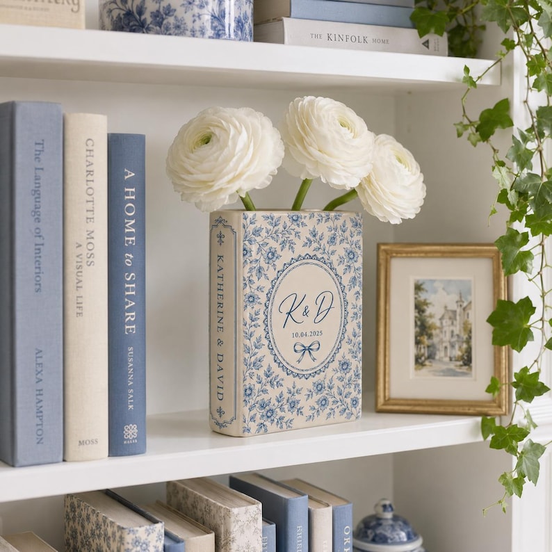 Custom Toile De Jouy Ceramic Book Vase, Personalised Wedding Gift for Couple, Floral Book Shaped Vase