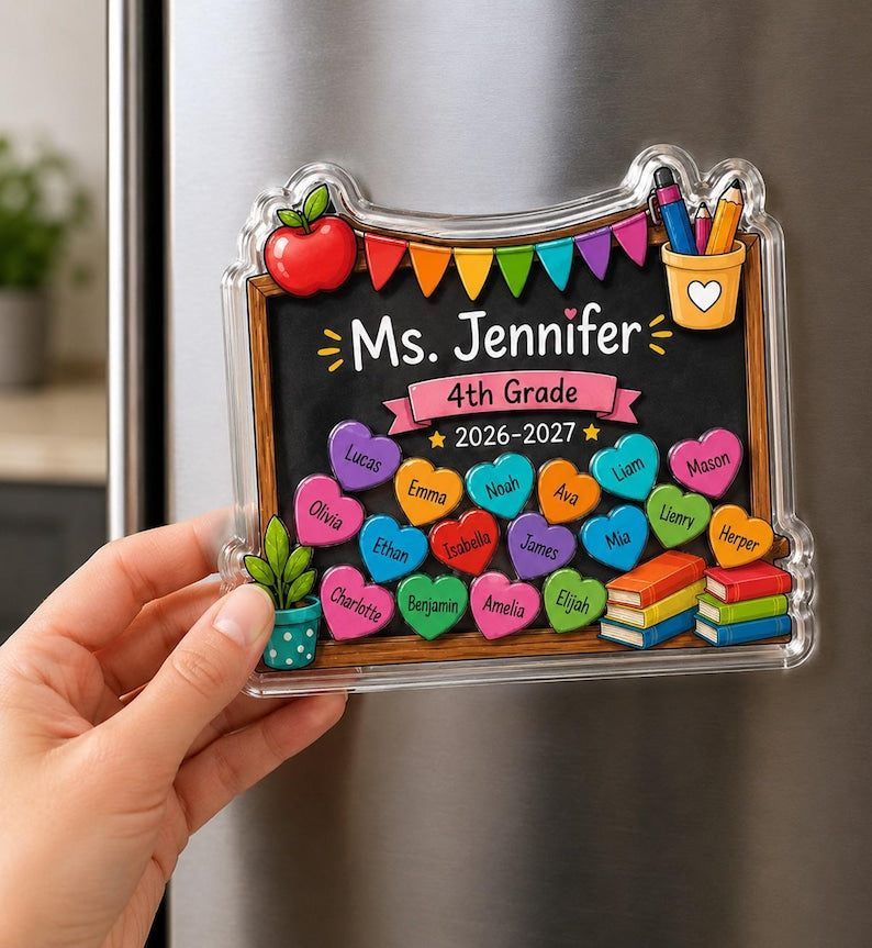 Personalized Teacher Shaker Magnet, Custom Teacher and Student Names Fridge Magnet